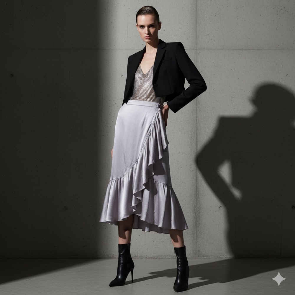 CAMI NYC xs silk ruffle midi wrap skirt